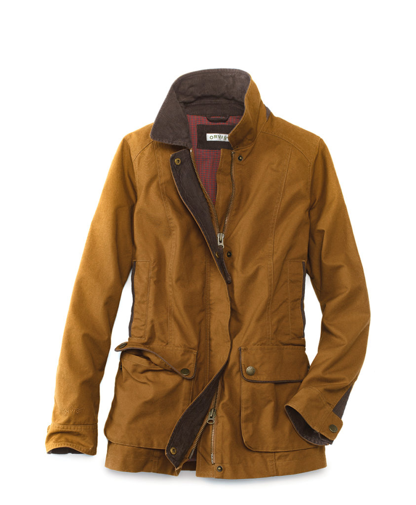 The Heritage Field Coat’s dry-waxed cotton canvas has corduroy trim at the collar, inside the adjustable cuffs, and along the snap-close storm flap, with shooting patches on the shoulders. The snap-close bellows front pockets will hold your hunting essentials (such as shells). The jacket is lined with soft, brushed twill, and has a zippered game pouch in back. The tough waxed canvas stands up to thorns and repels rain.