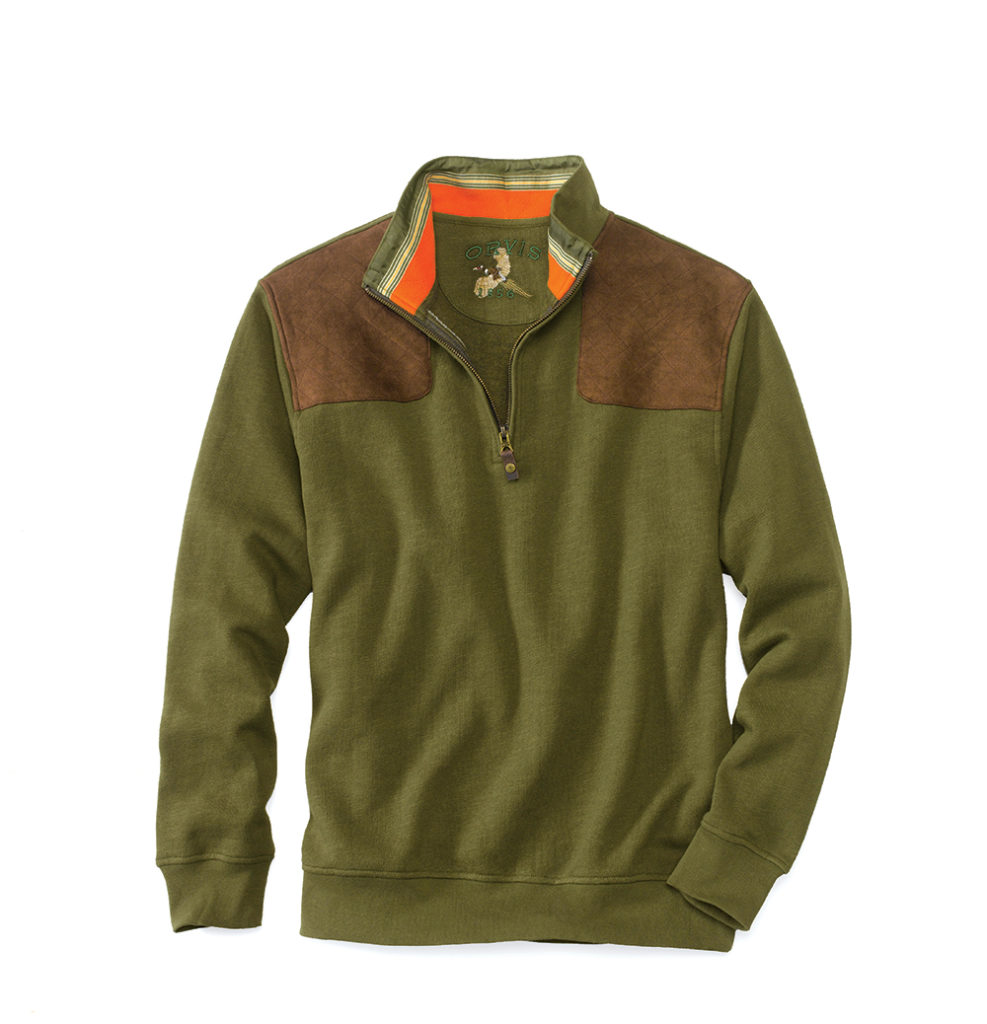 A pullover such as the Southland will announce that you’re a wingshooter. The cotton-poly blend has ribbed cuffs, hem, and neck and a standup collar with colorful highlights. The quarter-zip closure has a replica 12-gauge shotshell on the zipper. Faux-suede, quilted shooting patches on the shoulders complete the sporting look. Sizes medium to XXL.