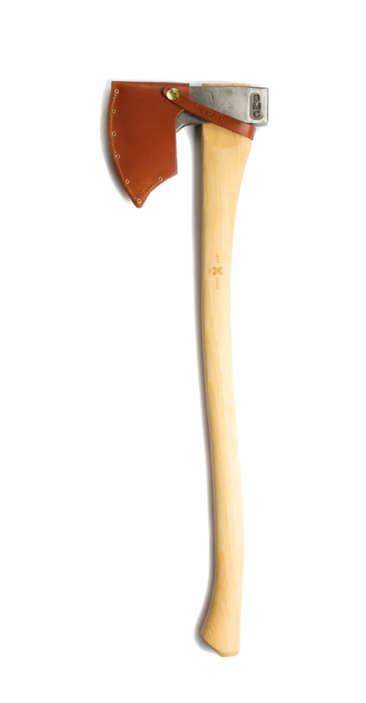This axe has a 2-pound Hudson Bay–style head, one of the oldest axe patterns in America. It is drop forged in the United States from American-made 5160 alloy steel hardened to a Rockwell hardness of 54-56 HRC. The handle is premium, straight-grain hickory that originates in Appalachia and is designed for maximum comfort and safety.